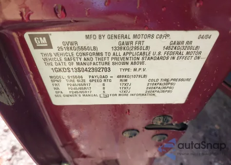 2004 GMC Envoy Sle from USA, damaged, VIN 1GKDS13S042392703